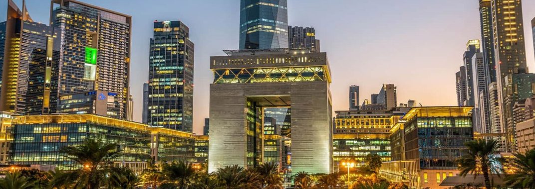 The DIFC Gate building at dusk, Dubai